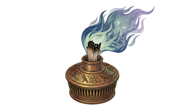 Ornate oil lamp with ethereal ghostly flames and mystical symbols, perfect for gothic or fantasy settings.