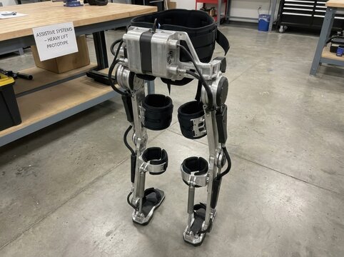 Lower body robotic exoskeleton legs standing alone on concrete workshop floor