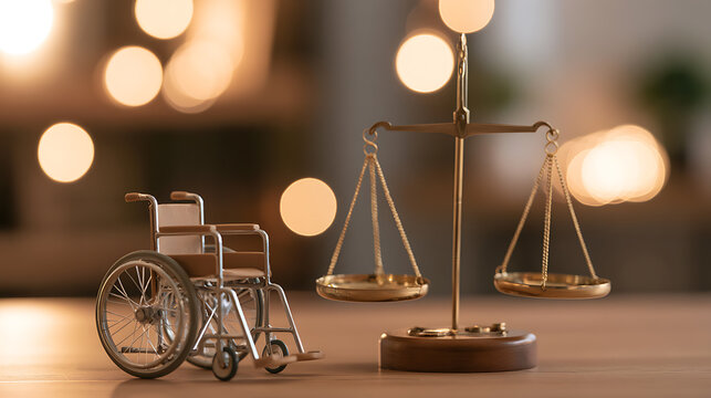 Miniature wheelchair next to a golden scale of justice on a wooden table, symbolizing disability rights, equality, law, and medical case