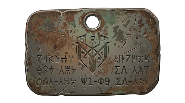 Rusted metal military dog tag with engraved alien symbols and a central emblem serves as a sci-fi relic or post-apocalyptic loot piece for games.