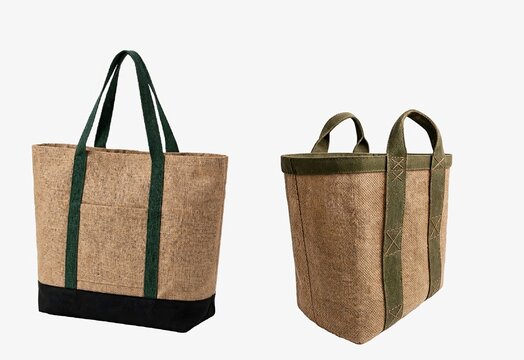 Eco-Friendly Burlap Tote Bag and Jute Basket on White Background,business,