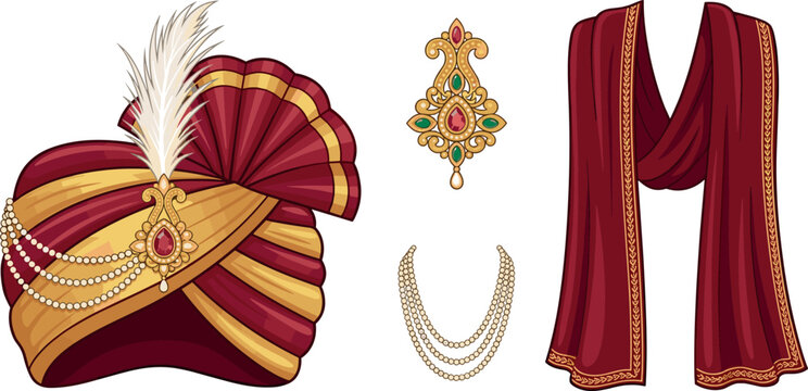 Traditional Indian Headdress and Shawl Illustration with Ornate Detailing