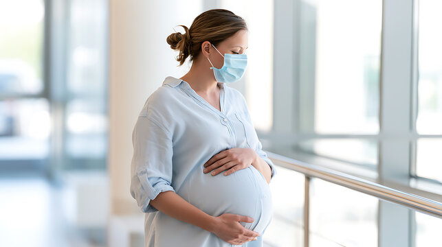 A pregnant woman wears a protective face mask while stand in a modern hospital hallway, hold her belly with care, health focus context