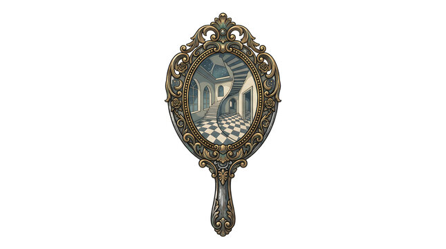 Vintage ornate hand mirror with detailed gold frame reflecting an illusionary staircase and checkerboard floor in a mysterious hall.
