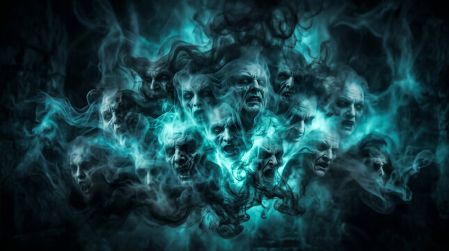 Multiple sinister ghostly human faces materializing from swirling blue smoke against a black background, screaming spirits and distorted apparitions merging with supernatural mist, Halloween