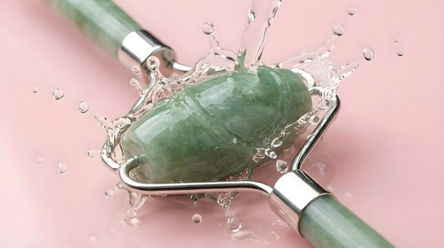 A close up of a green jade facial roller submerged in water  with droplets splashing around it on a pink surface  emphasizing its polished texture and silver toned metal components