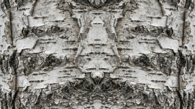 Mirrored white birch tree bark texture showcases intricate peeling layers and weathered grey natural patterns