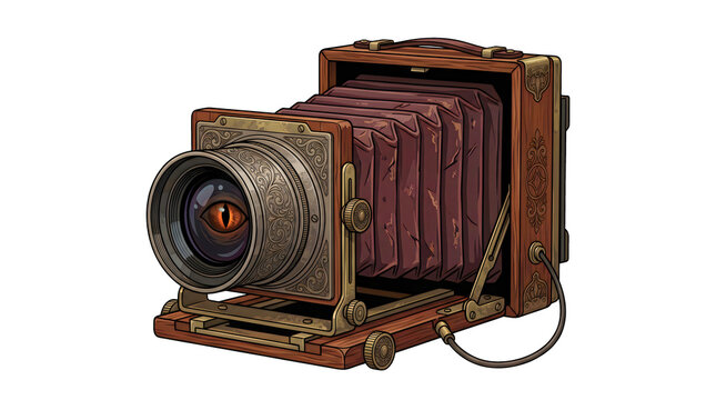Vintage wooden folding camera with a prominent lens featuring a reptilian eye for fantasy photography themes and unique graphic designs.