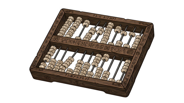 Wooden abacus calculator with carved esoteric runic symbols and counting beads for ancient mathematics or fantasy mystical interface research and study utility.