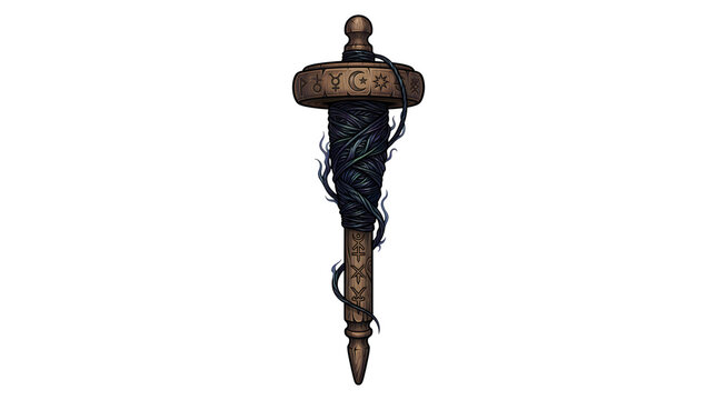Wooden spinning spindle wrapped in dark enchanted fibers with occult celestial carvings for fantasy craft lore or mystical textile art and witchcraft themes.