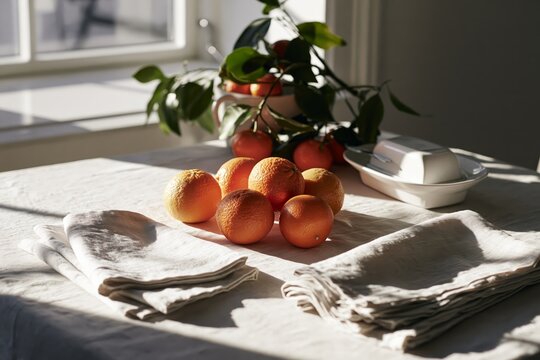 Fresh fruit, pitcher and folded linen on a breakfast table; understated styled view, ceramic accents