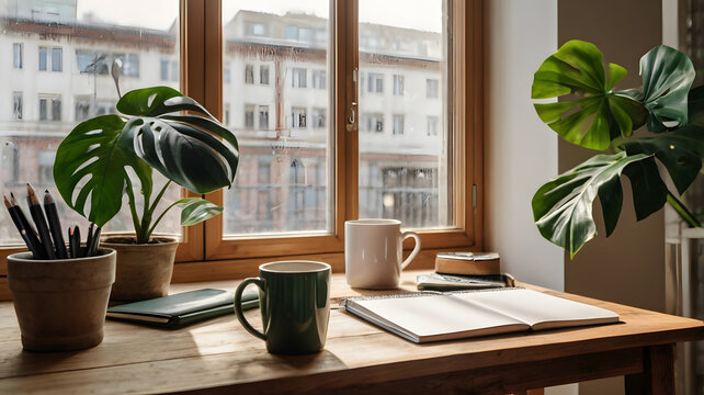 Relaxing morning coffee setup on bright window sill