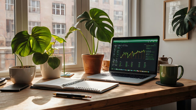Cozy home office workspace with laptop stock graphs