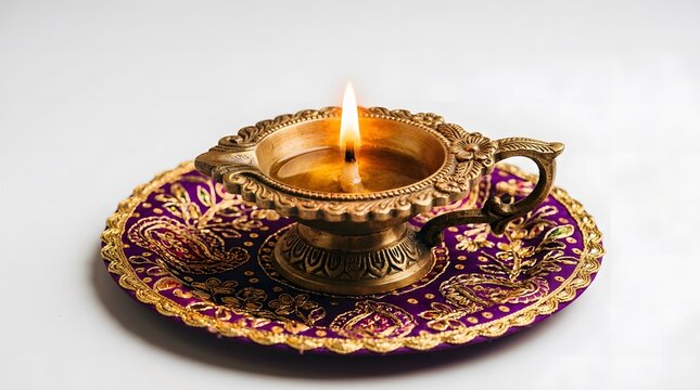 Traditional ornate brass diya lamp burning brightly with colorful flower petals