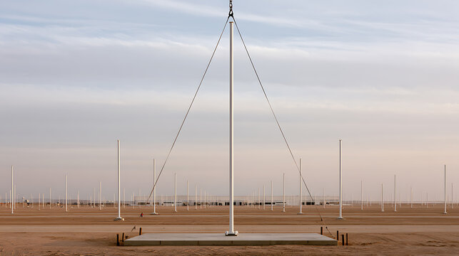Tall white mast structure supported by guy wires on concrete foundation in desert landscape with multiple vertical pylons under cloudy sky