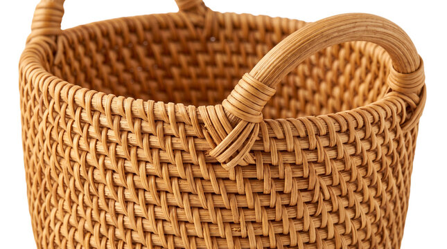 Handcrafted rattan basket with handles, woven wicker storage container, natural brown fiber basketry for home organization and decor isolated PNG with Transparent Background