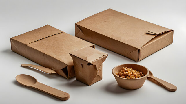 Empty brown craft paper packaging boxes mockup
