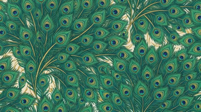 Ornate emerald green and gold peacock feather pattern creates a luxurious and elegant textured background illustration