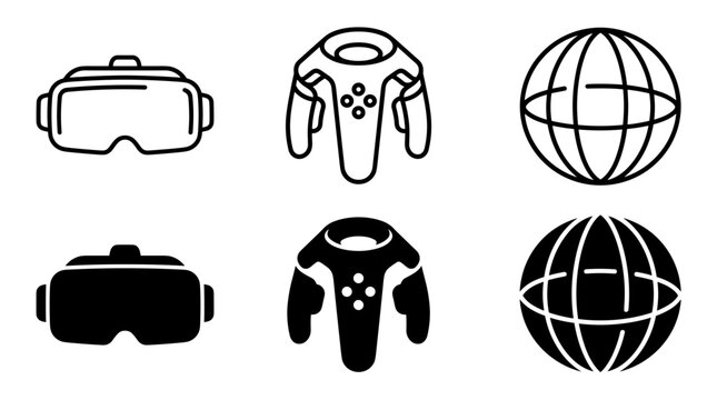 Virtual reality vr glasses headset motion controller and 360 degree sphere simulation icons set