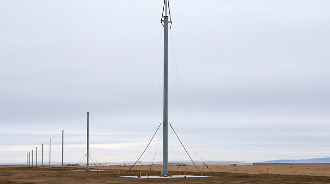 Industrial metal utility communication poles lined up in a row across a desolate landscape under a cloudy overcast sky with open space