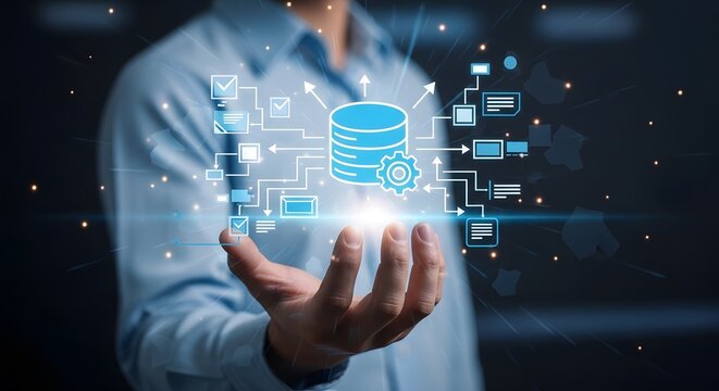 A person interacts with a glowing digital interface representing data streams and futuristic technology in a darkened server room