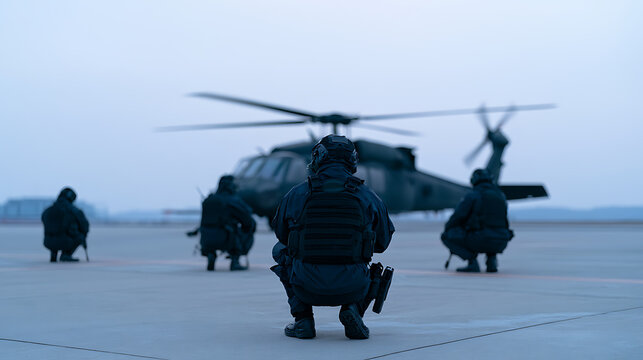 Tactical team in uniform squat on concrete tarmac near military helicopter at dusk, ready for mission deployment, action thriller scene