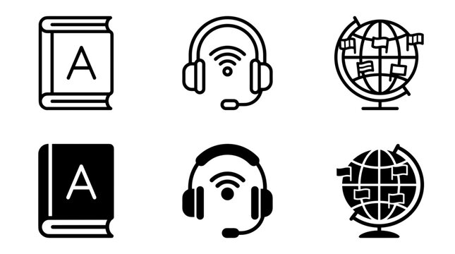 Dictionary book online support headset and world globe icon set for foreign language learning