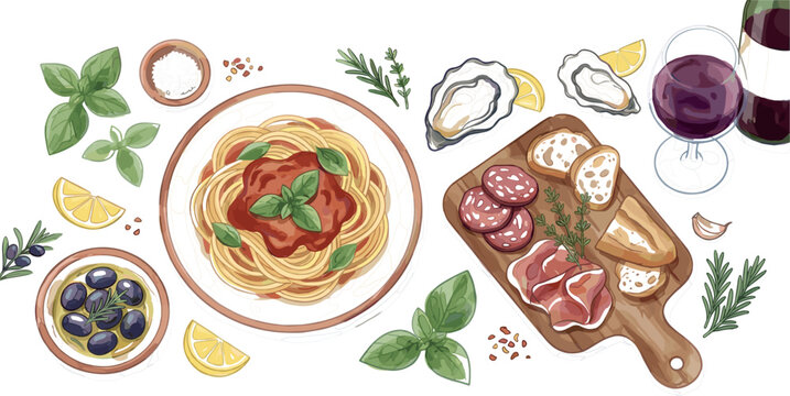 Italian dinner watercolor vector elements with spaghetti bolognese charcuterie board wine glass and oysters