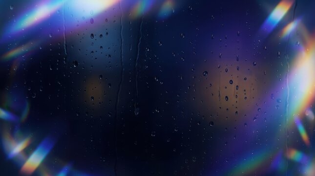 Raindrops on dark glass surface framed by vibrant prismatic light leaks and rainbow lens flares
