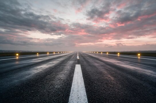 Empty Airport Runway Extending into the Horizon Under a Dramatic Sunset Sky at Twilight
