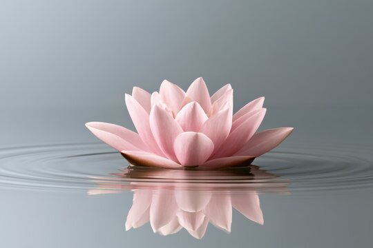 Pink lotus flower floating with reflection on calm grey water