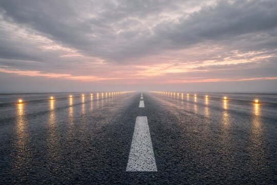 Empty Asphalt Highway Stretching into the Distance During a Misty Sunset with Glowing Road Lights