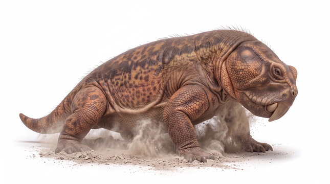 Photorealistic Teyumbaita sulcognathus taking a dust bath, isolated on white background, showing natural self-care behavior and scientifically accurate paleontological reconstruction.