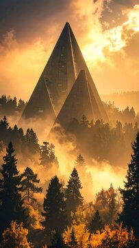 Pyramids rise above the forest during sunset with mist and trees surrounding the scene