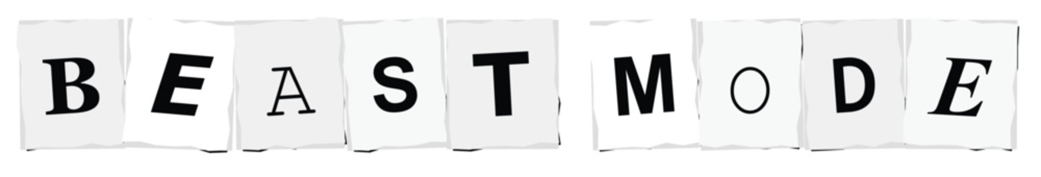 Letters spelling out the words beast mode in ransom note style cutout font style