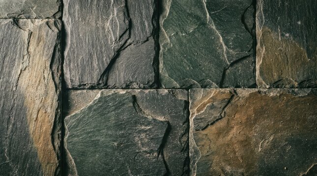 Rough textured slate stone wall tiles featuring natural charcoal grey brown and sage green tones for architectural design