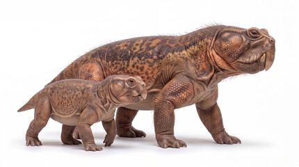 Fototapeta premium Photorealistic adult Teyumbaita sulcognathus walking with juveniles, isolated on white background, showing family behavior and scientifically accurate paleontological reconstruction.