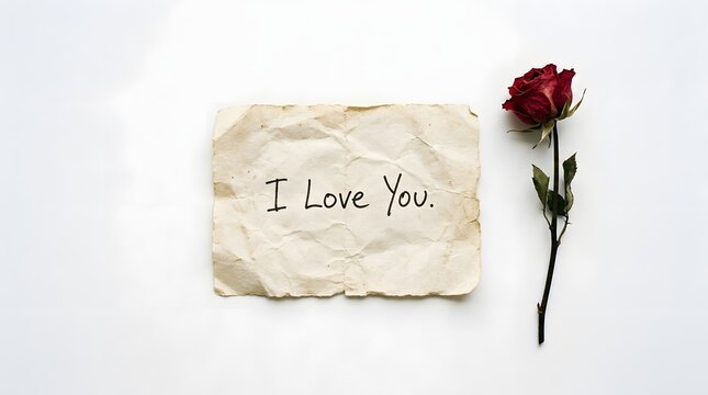 A crumpled piece of paper with the handwritten text i love you next to a red rose