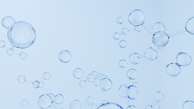 Bubble molecule water blue abstract science background with transparent sphere and connected cluster on pale blue