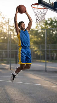 Basketball player dunking on outdoor court