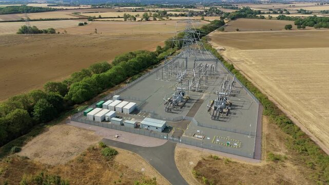 Aerial view of 400kV electrical substation and battery energy storage system in Rutland UK