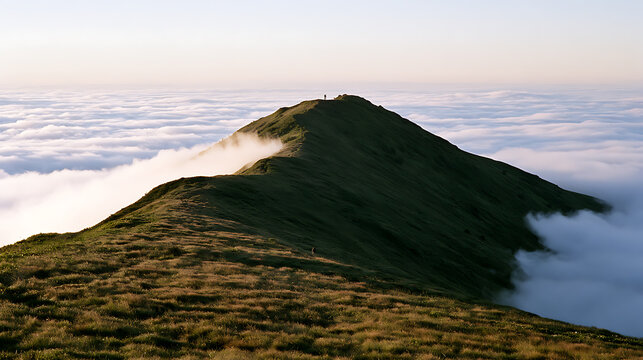 A solitary traveler stands atop a majestic mountain peak rising proudly above a dense blanket of fluffy white clouds in the early dawn