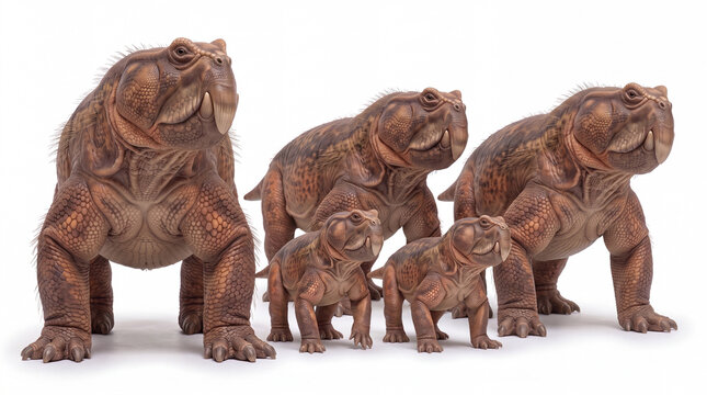 Photorealistic group of Teyumbaita sulcognathus, isolated on white background, showing natural social behavior and scientifically accurate paleontological reconstruction.
