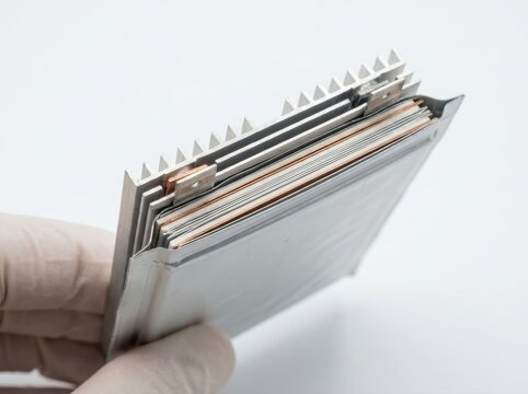 Gloved hand holding solid-state aviation battery with a finned heatsink
