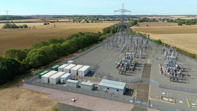 Aerial view of 400kV electrical substation and battery energy storage system in Rutland UK