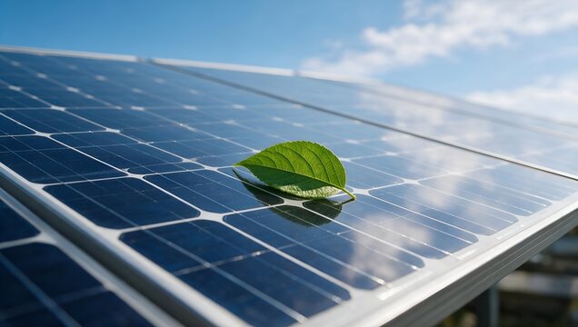 Green Leaf Resting on a Solar Panel Representing Sustainable Clean Energy for the Future