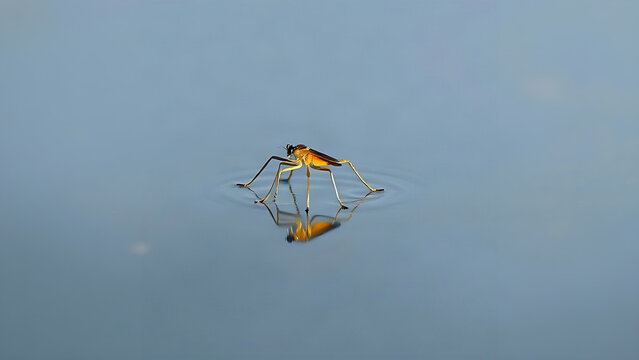 A water strider on calm water, its slender legs creating delicate ripples.