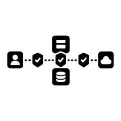 Obraz premium Black-and-white icon diagram of a user-to-cloud data flow with server and database nodes linked by dotted hexagon checkmarks representing distributed verification and consensus