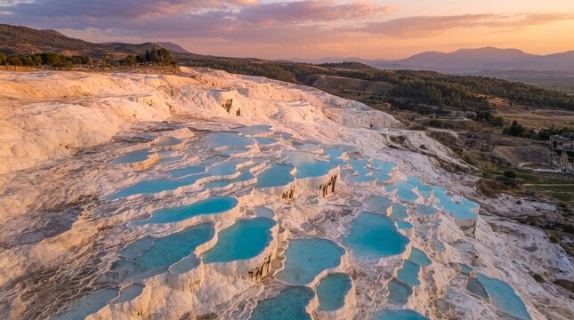 Aerial View of Thermal Travertine Pools and White Terraces of Pamukkale During Sunset