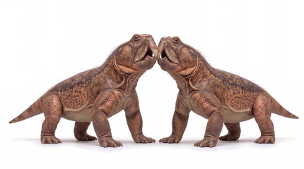 Fototapeta premium Photorealistic male Teyumbaita sulcognathus disputing, isolated on white background, showing social behavior and scientifically accurate paleontological reconstruction.
